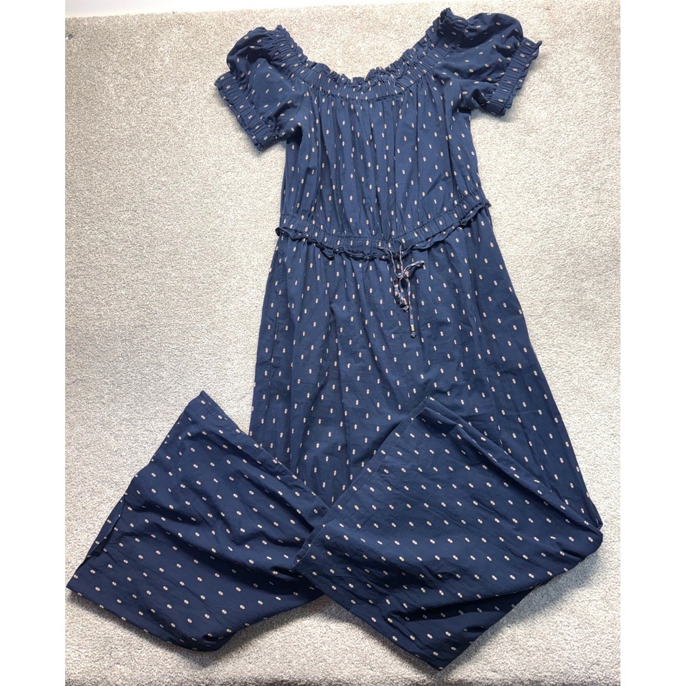 Anthropologie Navy Blue Cotton Off Shoulder Wide Leg Jumpsuit Diamond Print L